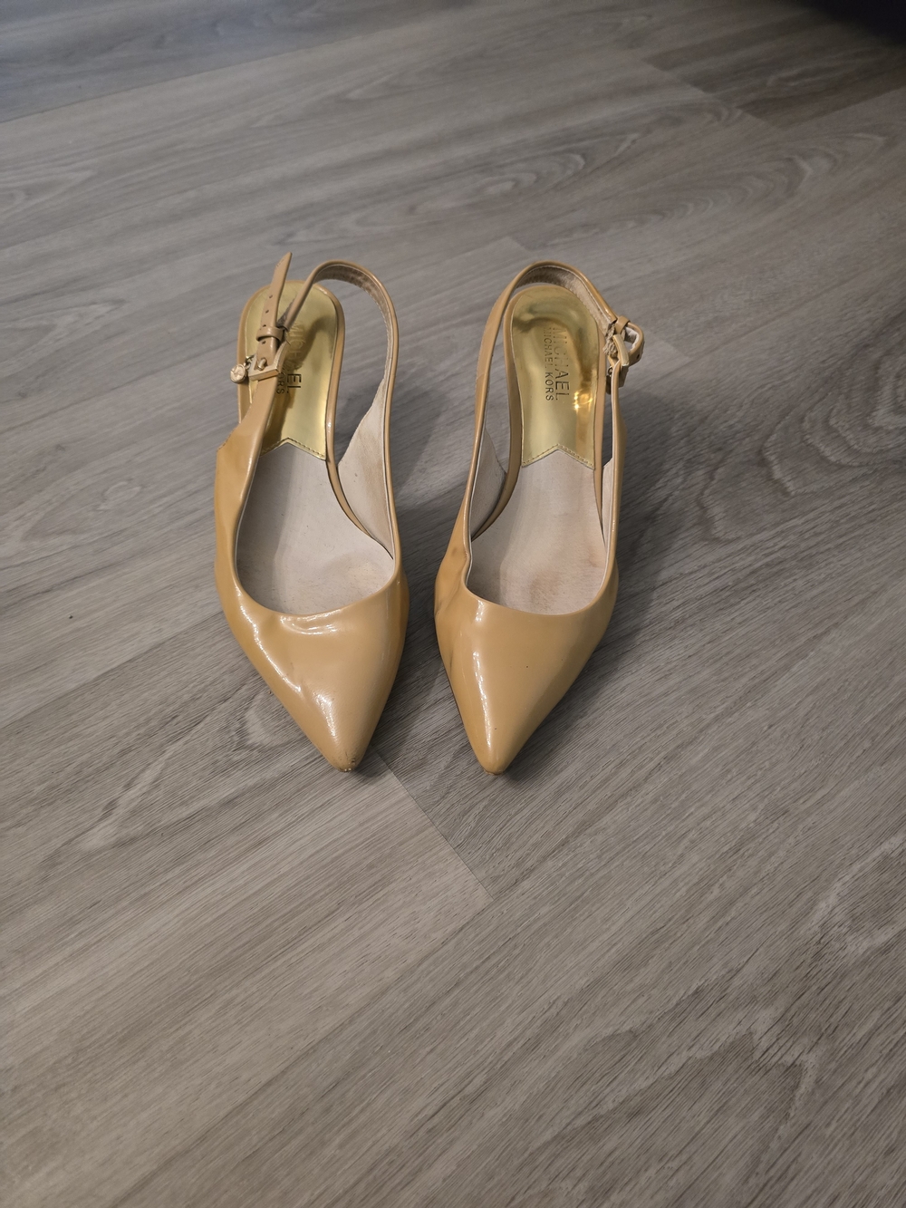 Michael Kors Patent Pointed-Toe Slingback Pumps in Camel - Picture 1 of 8